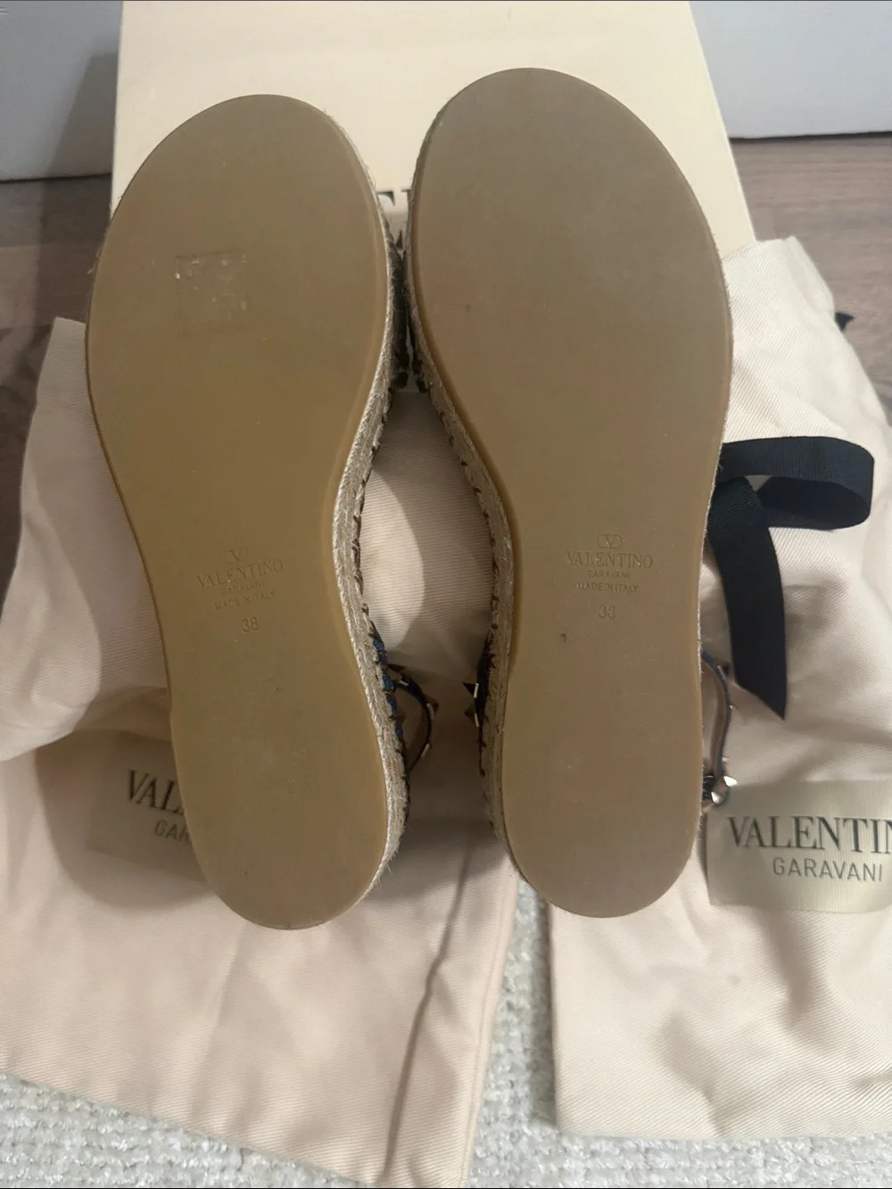 Valentino Denim Blue Espadrille Wedge Sandals with Studded Ankle Strap